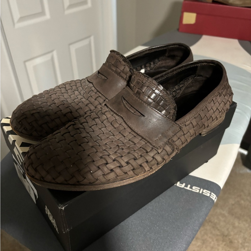 Area Forte brown woven leather loafers with box